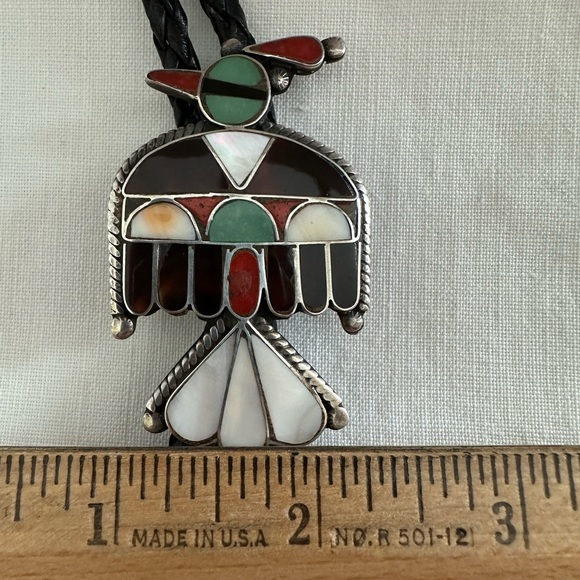 Vintage 1960s Native American Zuni Bolo Tie with Channel Inlay Thunderbird - Picture 5 of 8